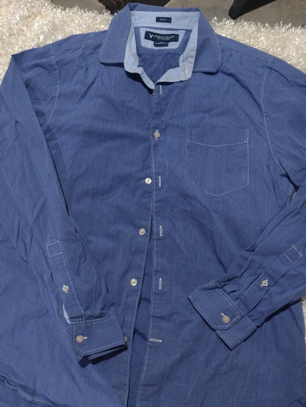 American Eagle Outfitters Men’s Blue Pinstripe Button-Down Slim Fit Shirt Size L